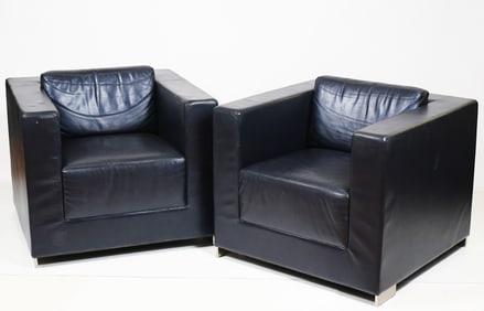PR. BERNHARDT DARK BLUE LEATHER CLUB CHAIRS