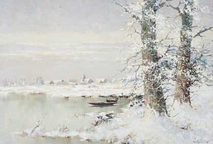 WILLI BAUER SNOWY LAKESIDE PAINTING