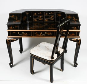 CHINOISERIE BLACK LACQUER DESK WITH CHAIR