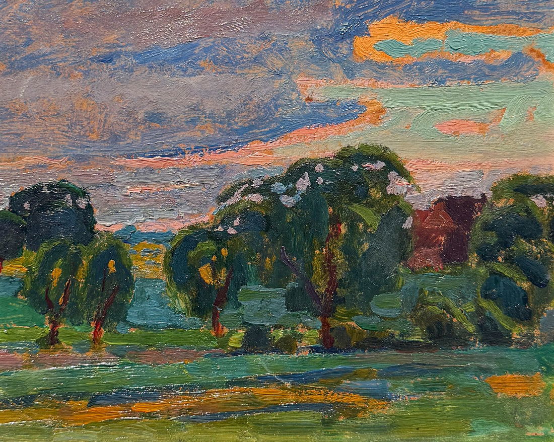 ILLEGIBLY SIGNED POLISH? LANDSCAPE PAINTING: ILLEGIBLY SIGNED POLISH? IMPRESSIONIST LANDSCAPE PAINTING: Oil/Board, 5.5" x 6.75", signed lower right and dated 1920?, framed, 10.25" x 11.25".