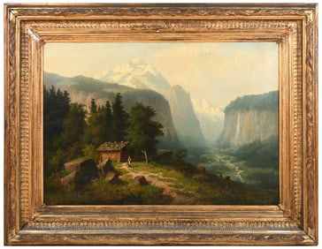 GOOD EUROPEAN ALPINE VALLEY LANDSCAPE PAINTING
