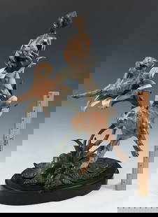 PAUL WEGNER TIGER LILY FANTASY BRONZE: WEGNER, Paul, (American, b. 1950): Tiger Lily, depicting a Nude Nouveau Female Maiden Emerging from a Lily with Three Tigers. Patinated Bronze, 19” in height, affixed to a plinth, 21” in