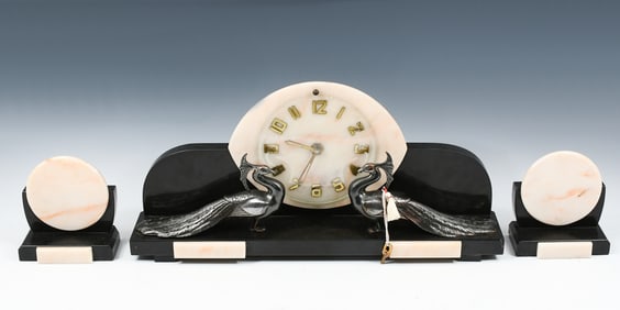 FRENCH 3 PC. ART DECO CLOCK WITH PEACOCKS