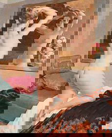 L. DUCOURANT NUDE BEAUTY IN A MIRROR PAINTING: L. DUCOURANT NUDE BEAUTY IN A MIRROR PAINTING: Oil/Canvas, 25.5” x 21.25”, signed upper left, fine gilded and carved frame, 36.25” x 32”.