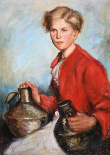 BLUE-EYED BLOND-HAIRED PORTRAIT PAINTING SIGNED FERRY: BLUE-EYED BLOND-HAIRED PORTRAIT PAINTING SIGNED FERRY: Young Beauty Holding Two Pottery Vessels, Oil/Canvas, 27” x 19.5”, signed lower right, gilded and carved frame, 25” x