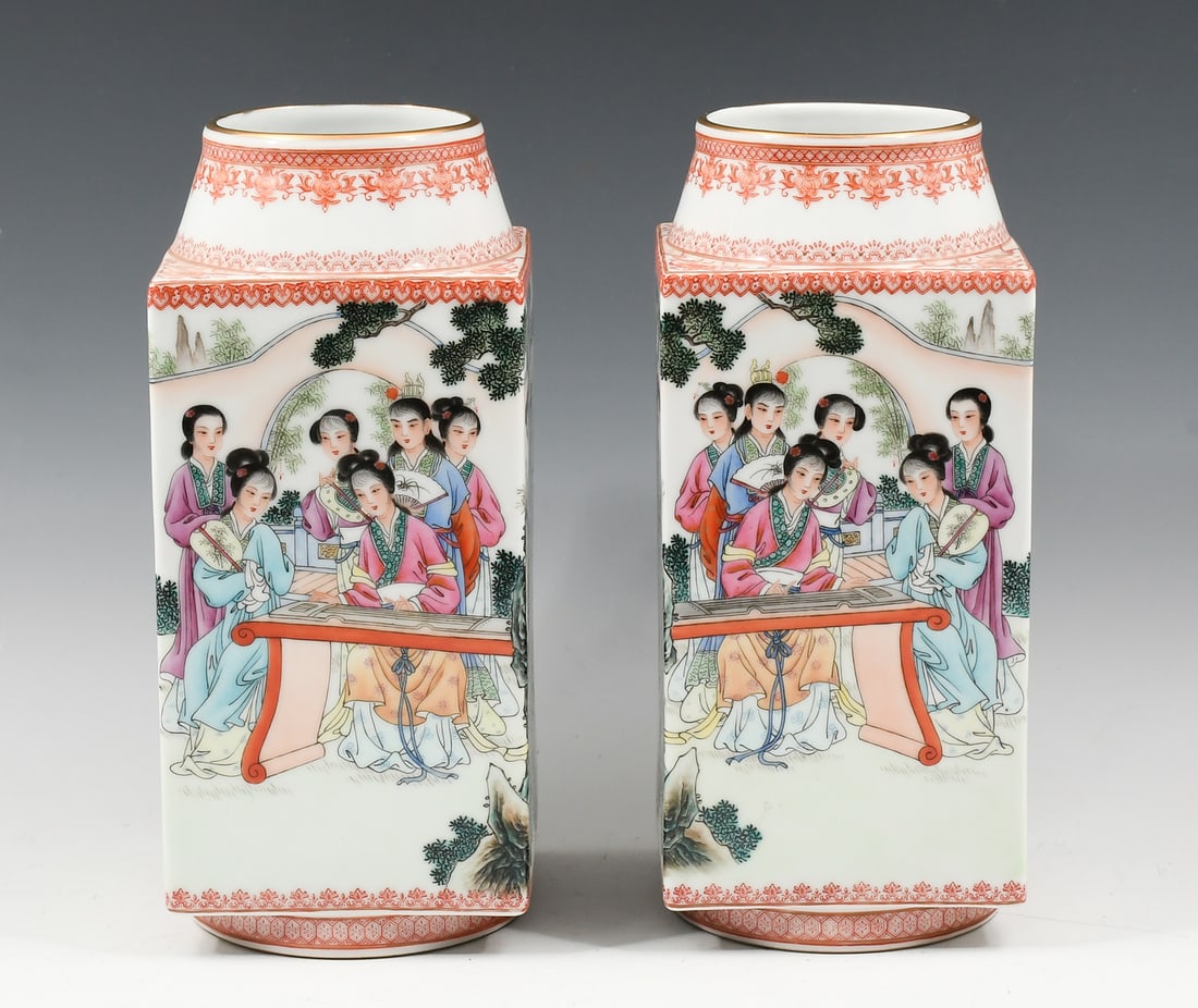 PR. CHINESE FAMILLE ROSE REPUBLIC PERIOD VASES: PR. CHINESE FAMILLE ROSE REPUBLIC PERIOD VASES: Pair of opposing Chinese Republic Period Famille Rose Cong form vases, having a finely enameled figural palace scene on three sides. Remaining side has
