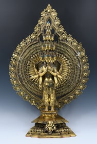 TIBETAN GILT BRONZE THOUSAND-ARMED BODHISATTVA