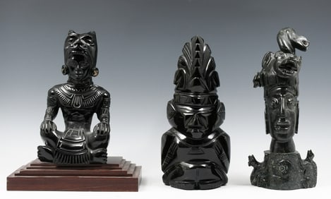 3 PC. CARVED OBSIDIAN AZTEC STYLE FIGURES