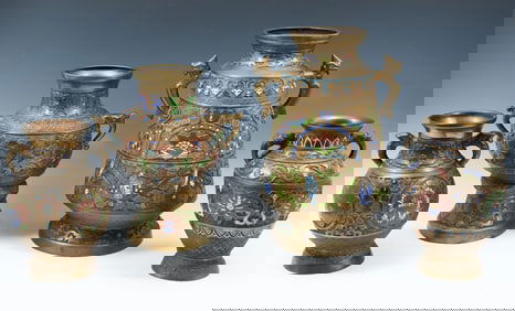 4 PC. BRONZE JAPANESE CHAMPLEVE VASES