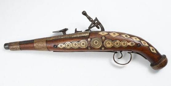 18/19TH C. INLAID FLINTLOCK PERCUSSION PISTOL