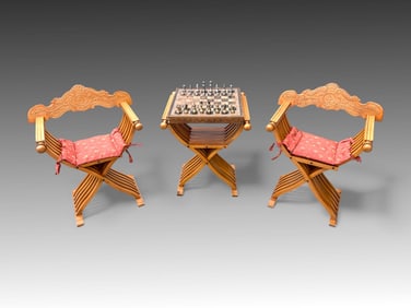 2 SAVONAROLA CHAIRS, CHESS TABLE & GAME PIECES