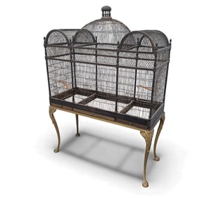 ANTIQUE WROUGHT IRON AND BRASS DOME-TOP BIRDCAGE
