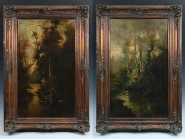 TWO ILLEGIBLY SIGNED FOREST LANDSCAPE PAINTINGS