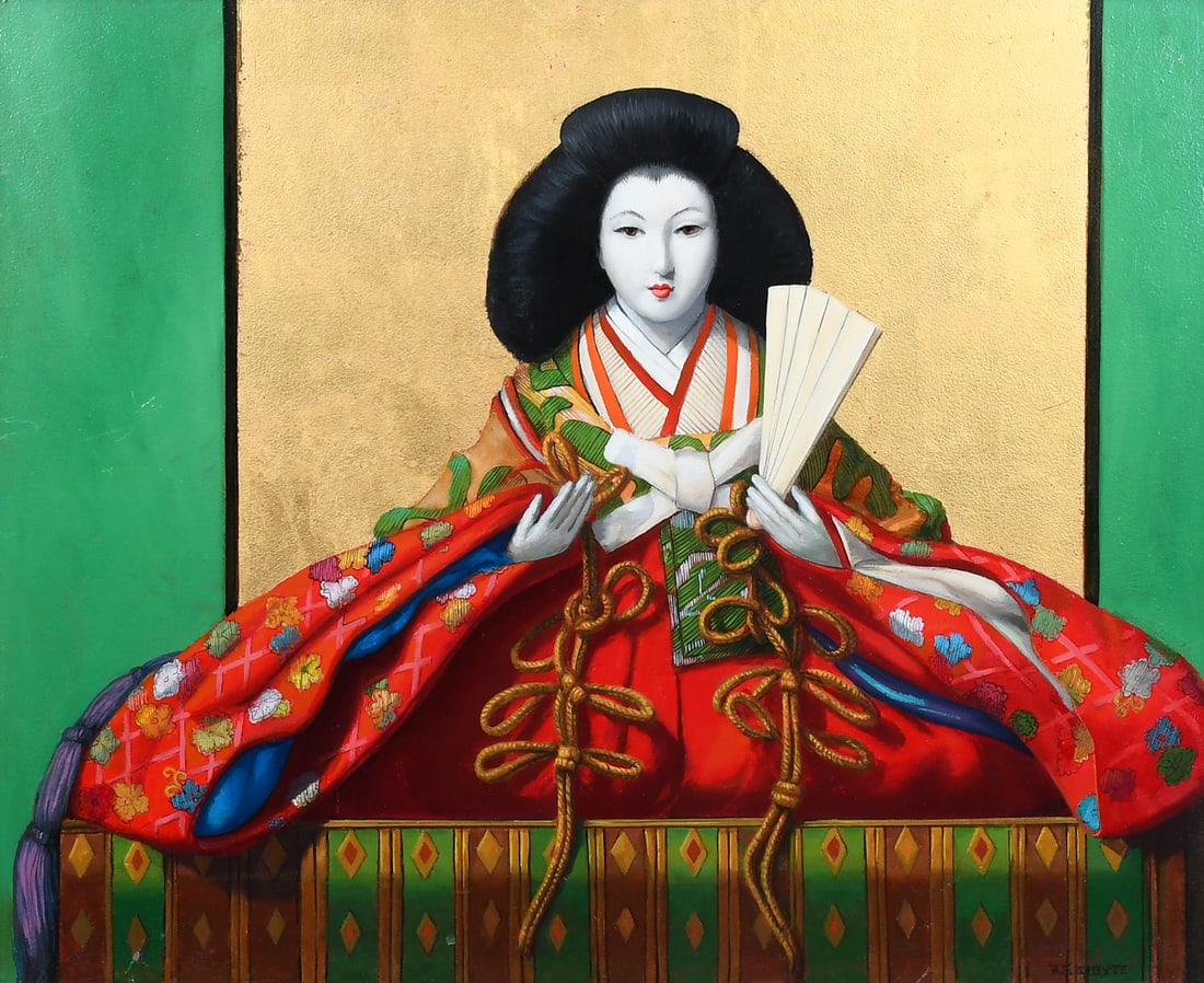 RAYMOND WHYTE GEISHA GIRL PAINTING: WHYTE, Raymond, (Canadian/American, 1923-2002): Geisha Girl, Oil/Masonite, 18" x 24", signed lower right, framed, 28.5" x 32.5". From the artist's estate collection.