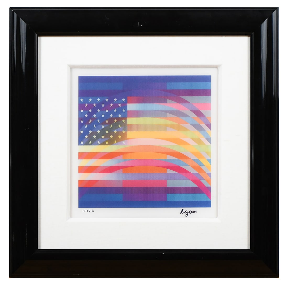YAACOV AGAM AMERICAN FLAG LENTICULAR LITHOGRAPH: AGAM, Yaacov, (American, 1942-1986): "Blessing Rainbow USA", Lenticular Lithograph, sight size 13.25" x 13.125", signed lower right, numbered 10/25 HC lower left, ID sticker with title verso, custom m