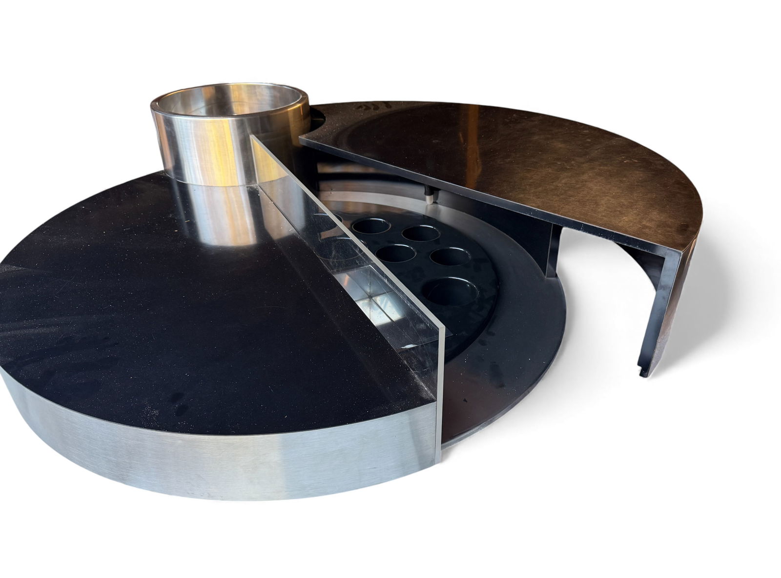 MCM MASSIMO PAPIRI HARRY'S BAR COFFEE TABLE: MASSIMO PAPIRI HARRY'S BAR COFFEE/COCKTAIL TABLE BY MARIO SABOT: Circa 1970, Harry's Bar, designed by Massimo Papiri and produced by Mario Sabot in Italy. Table consists of two black melamine surfaces