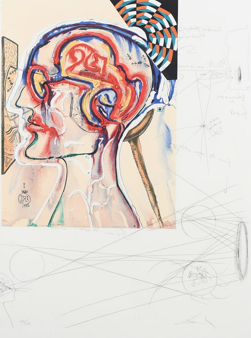 SALVADOR DALI "SPECTACLES WITH HOLOGRAMS" LITHOGRAPH: DALI, Salvador, (Spanish, 1904-1989): "Spectacles with Holograms and Computers for Seeing Imagined Objects", from the Imaginations and Objects of the Future series, Lithograph with Etching, sight size