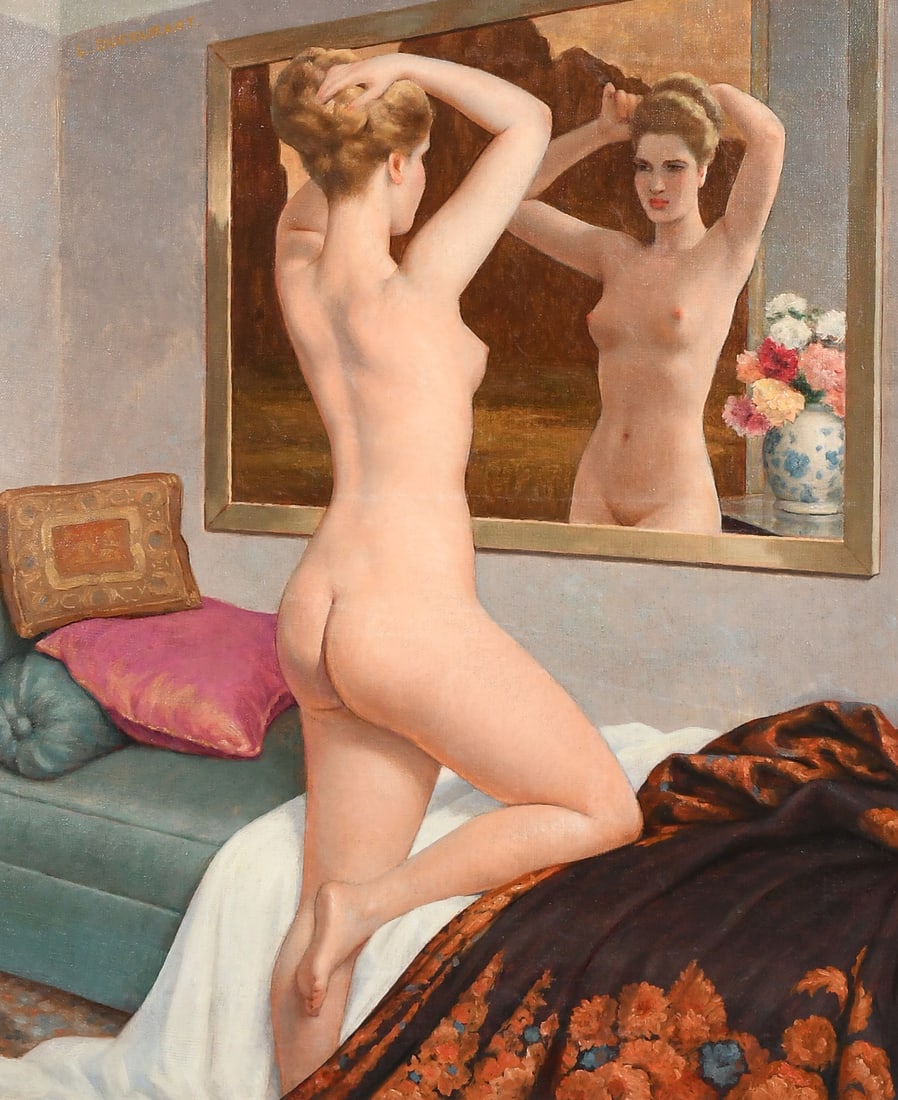 L. DUCOURANT NUDE BEAUTY IN A MIRROR PAINTING: L. DUCOURANT NUDE BEAUTY IN A MIRROR PAINTING: Oil/Canvas, 25.5" x 21.25", signed upper left, fine gilded and carved frame, 36.25" x 32".