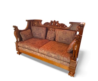 FLAME GRAIN MAHOGANY CARVED LION SETTEE