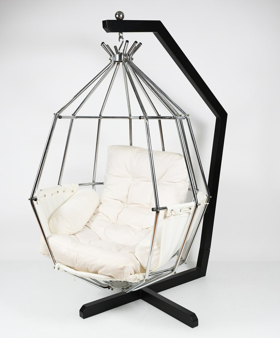 IB ARBERG HANGING "PARROT" CHAIR ON STAND: IB ARBERG HANGING "PARROT" CHAIR ON STAND: Swedish, c. 1970's. Chromed bird cage chair on a stand by Ib Arberg. Approx. 62.5" h x 36" w x 47" d.