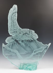 CARVED & ETCHED GLASS THE LANDING EAGLE SCULPTURE