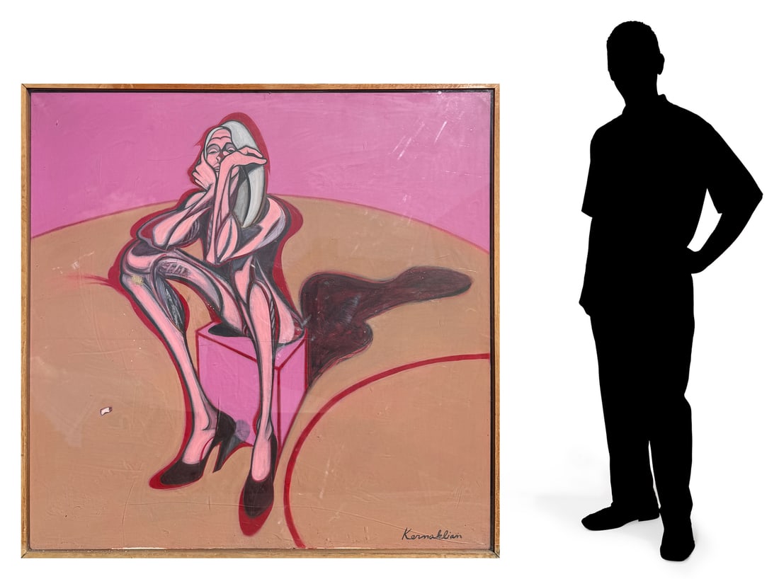 HUGE KERNAKLIAN STYLIZED PENSIVE FEMALE NUDE PAINT: KERNAKLIAN, Paul, (American, 1933-2022): Oil/Canvas, 60" x 60", signed lower right, framed under plexiglass, 62.5" x 62.5". Paul graduated from Syracuse University with an Art degree in 1955. As an Al