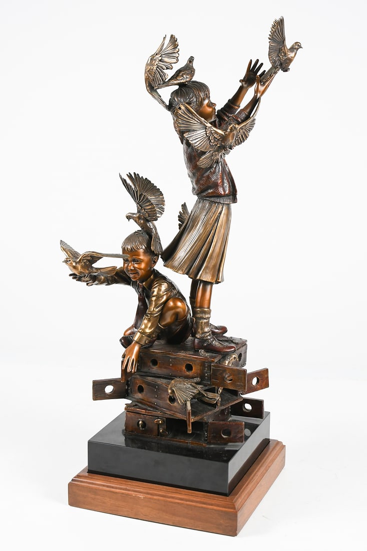GEORGE LUNDEEN BRONZE "NEW FRIENDS": LUNDEEN, George Wayne, (American, b. 1948): "New Friends", Bronze, 22.5" in height, affixed to a polished black stone (possibly marble) plinth inset into a walnut ogee base with a lazy Susan mechanism