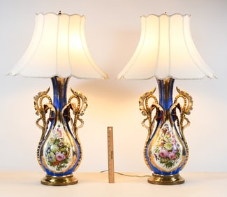 PAIR OF TALL SEVRES PORCELAIN LOBED LAMPS