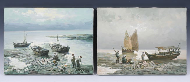 TWO COASTAL FISHERMEN SCENE PAINTINGS