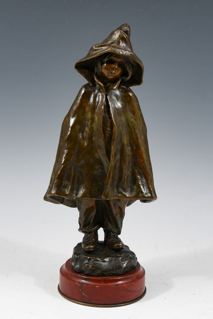 BEETZ-CHARPENTIER RED RIDING HOOD BRONZE: BEETZ-CHARPENTIER, Elisa, (French, 1875-1949): Red Riding Hood, Bronze, 9.5" in height, overall 10.5" in height with circular base, incised signature "E. Beetz" on the base, stamped "Salon des Beaux A