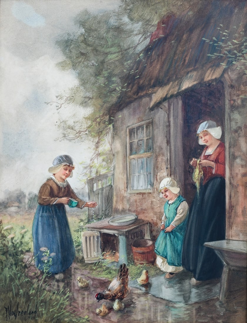 FRANCIS VAN VREELAND DUTCH GENRE PAINTING: VAN VREELAND, Francis, (Dutch/American, 1879-1954): Dutch Genre Scene with Mother and Children Feeding Chickens, Watercolor, sight size 17.5” x 14”, signed lower left, encased in immaculat