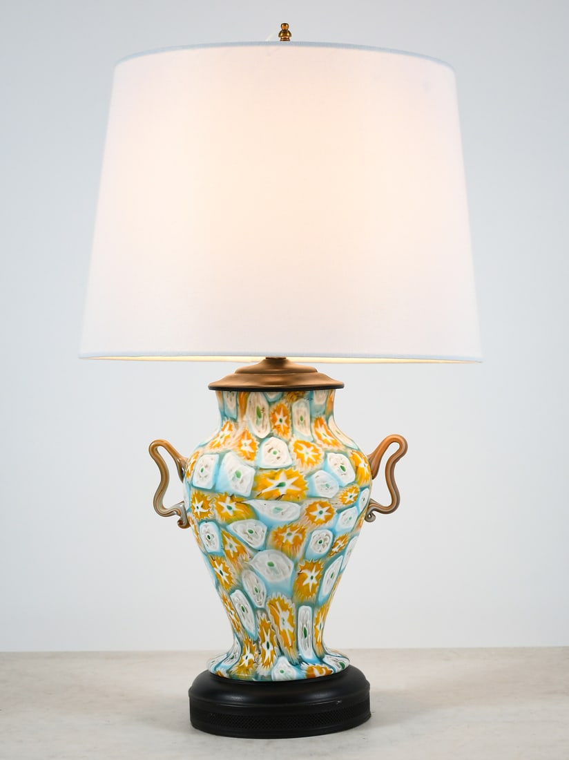 ITALIAN MILLEFIORI ART GLASS LAMP: ITALIAN FRATELLI TOSO MILLEFIORI ART GLASS LAMP: Italian art glass Millefiori single light lamp with attached handles. White cloth wrapped paper shade. Approx. 23" h x 13" dia.