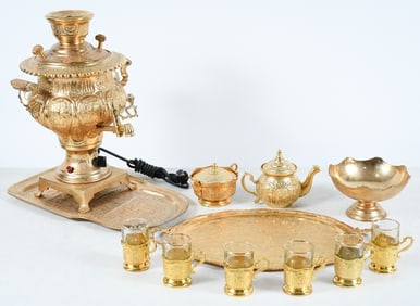12 PC. ORNATE GILT RUSSIAN FIGURAL SAMOVAR SET