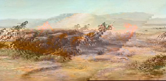 LARGE J. KAUFFMAN NATIVE AMERICAN BUFFALO HUNT PAINTING