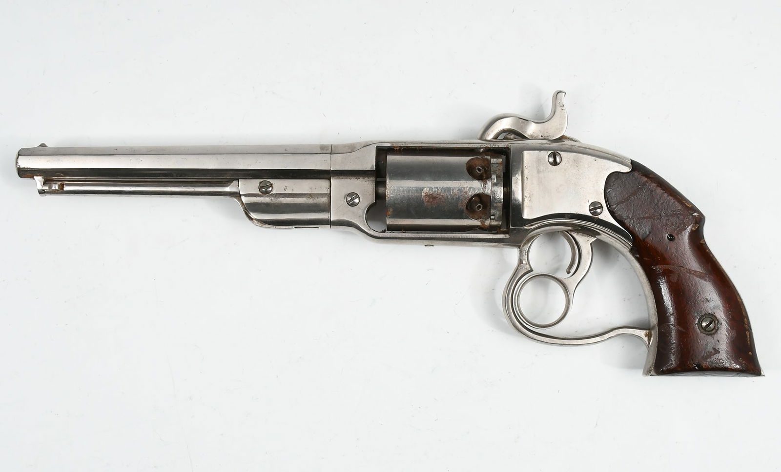 US CIVIL WAR SAVAGE NAVY PERCUSSION REVOLVER: US CIVIL WAR SAVAGE NAVY PERCUSSION REVOLVER: .36 Caliber "Savage" U.S. Naval Percussion Revolver, 7.125" l barrel, nickel plated. Frame stamped Savage RFA Col HS North Patented June 17 1856, 1859, Ma