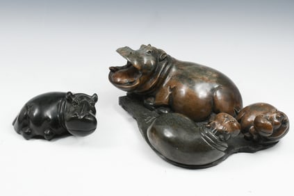 TWO AFRICAN CARVED STONE HIPPO SCULPTURES