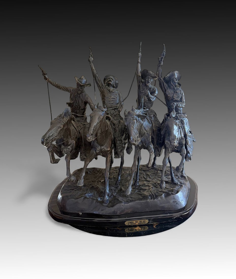 "COMING THROUGH THE RYE" BRONZE AFTER REMINGTON: "COMING THROUGH THE RYE" BRONZE AFTER FREDERIC REMINGTON: Measures 29" x 28" x 17" with base.