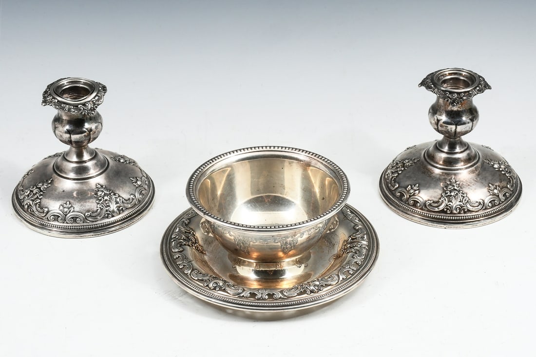 3 PC. WALLACE GRAND BAROQUE STERLING PIECES: 3 PC. WALLACE GRAND BAROQUE STERLING PIECES: Approx. 8.65 Weighable Troy ounces. Comprising; 1- Shrimp bowl with attached underplate and 2- weighted Candlesticks.