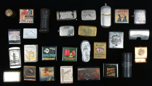 28 PC. ADVERTISING MATCH SAFES & ASHTRAYS