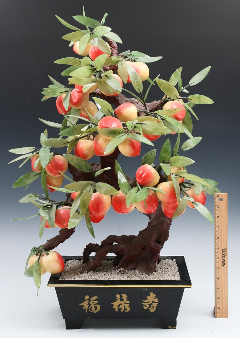 CHINESE JADE AND HARD STONE PEACH BONSAI TREE: CHINESE JADE AND HARD STONE PEACH BONSAI TREE: A large Chinese Jade & Hard Stone Peach tree. Planter has three gold symbols (Fu, Lu, & Shou) that represent Fortune, Prosperity, & Longevity. Approx. 29