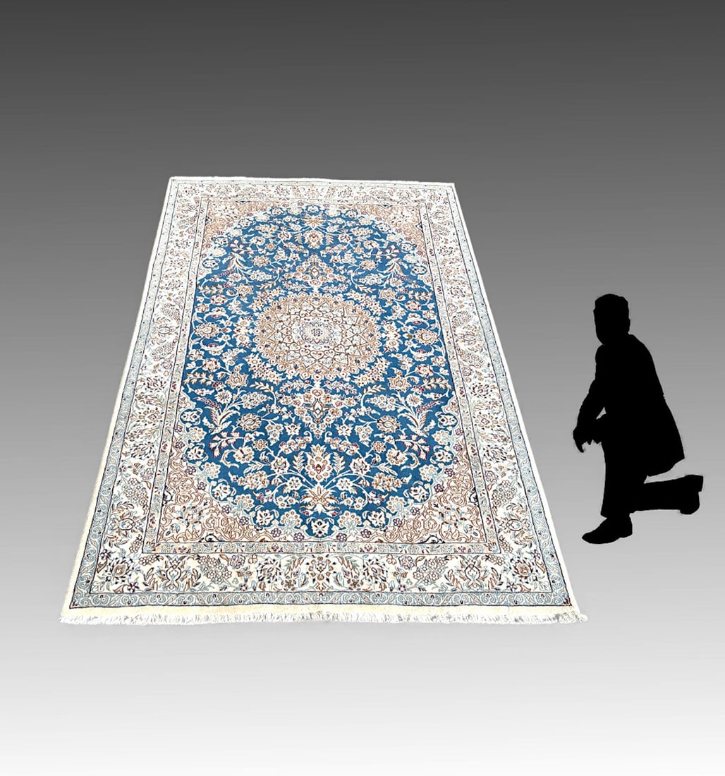 ESTATE PERSIAN HAND KNOTTED ISFAHAN DESIGN CARPET: ESTATE PERSIAN HAND KNOTTED ISFAHAN DESIGN CARPET: Persian Isfahan-style carpet, hand-knotted in fine wool on a cotton foundation, exhibiting an elegant medallion-and-vine design. The rug features a s