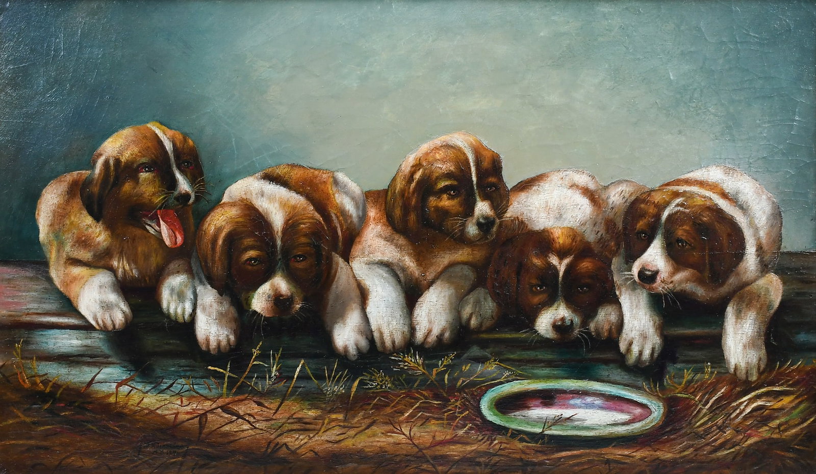 19TH CENTURY ST. BERNARD PUPPIES PAINTING: 19TH CENTURY ST. BERNARD PUPPIES PAINTING: Oil/Board, sight size 14” x 24.5”, signed lower left “D.E. Lawson, New York, 1894”, framed, 19” x 29.25”.