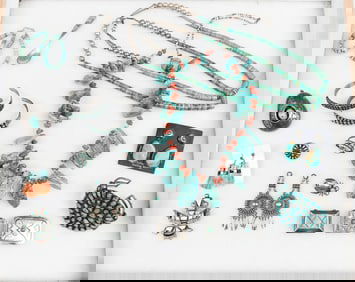 OLD PAWN TURQUOISE, CORAL AND SILVER JEWELRY