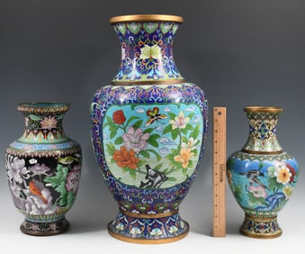 3 PC. CHINESE CLOISONNE BALUSTER FORM VASES