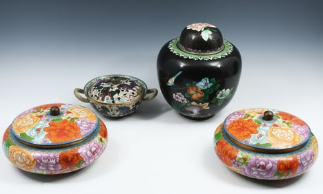 4 PC. CHINESE CLOISONNE LIDDED JAR & BOWLS