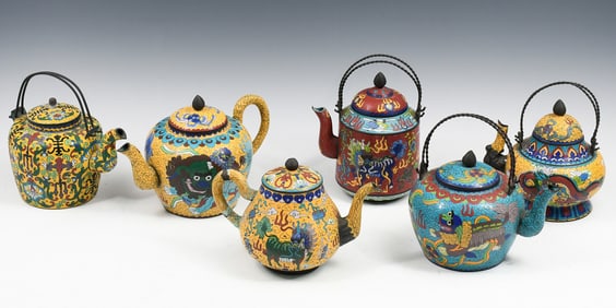 6 PC. CHINESE CLOISONNE TEAPOT COLLECTION