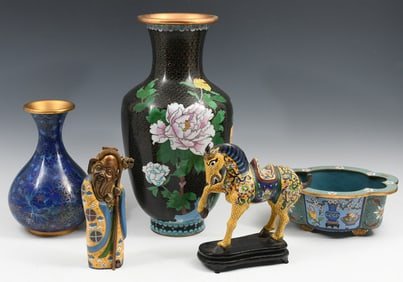 5 PC. CHINESE CLOISONNE VASES & FIGURINES