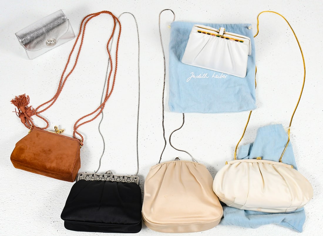 JUDITH LEITER EVENING BAGS: JUDITH LEITER EVENING BAGS: An array of 6 Judith Leiber evening bags, some include dust bags, combs and hand mirrors.
