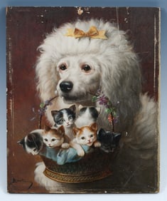 CARL REICHERT POODLE WITH CATS PAINTING