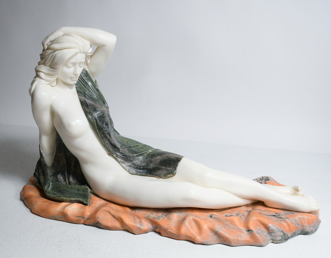 LARGE ORIGINAL MARBLE BILL MACK EROTIC NUDE SCULPTURE: MACK, Bill, (American, b. 1949): "Inspiration", 2004, Marble, approximately 26? (h) x 44? (l) x 16? (d). Signed on the base. Sold with a letter from the director of Erin Taylor Editions indicating a l